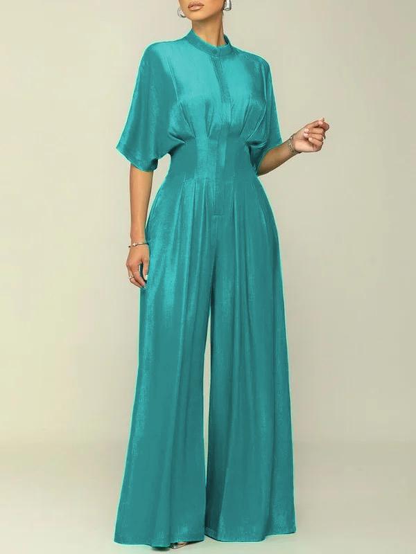 Half Sleeves High Waisted Pleated Solid Color Mock Neck Jumpsuits Product Image