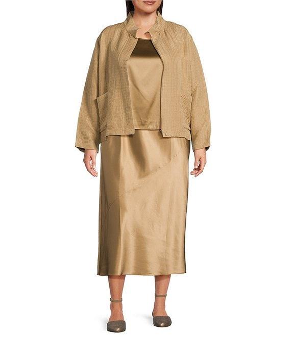 Eileen Fisher Plus Silk Linen Stand Collar Long Sleeve Box Jacket Product Image