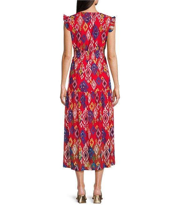 Calessa Mesh Knit Abstract Ikat Print V-Neck Cap Sleeve Midi Dress Product Image