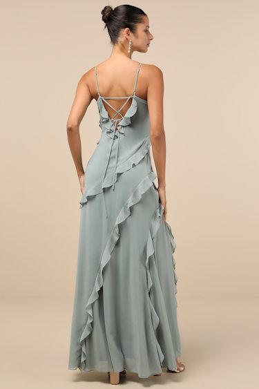 Fancy Sweetness Sage Green Ruffled Lace-Up Sleeveless Maxi Dress Product Image
