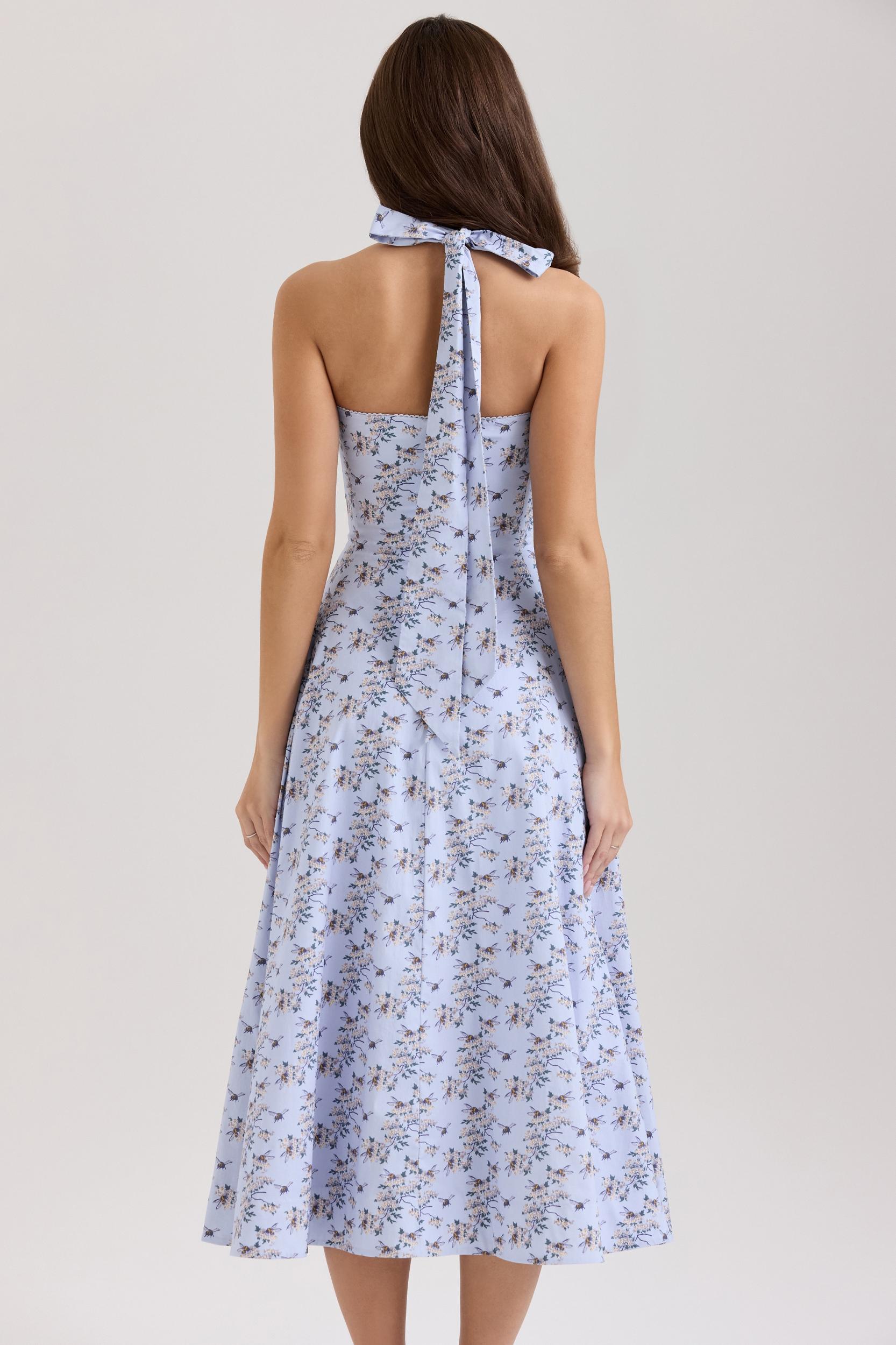 Claudia  blue floral print stretch cotton halter neck midi dress Product Image