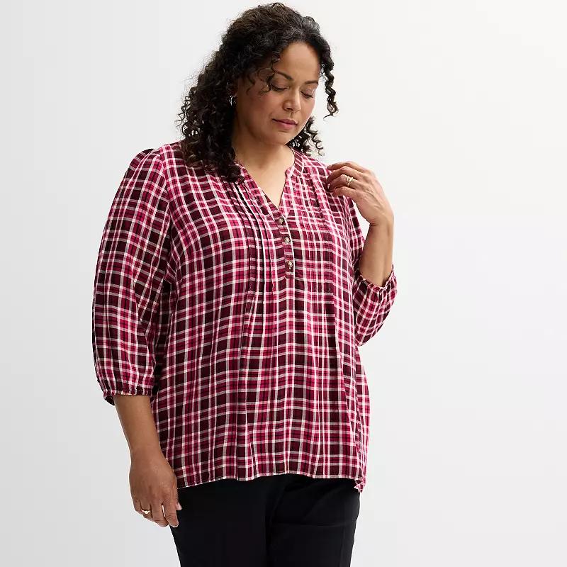 Plus Size Croft & Barrow® Plaid Pintuck Top, Women's, Size: 1XL, Festive Pink Plaid Product Image