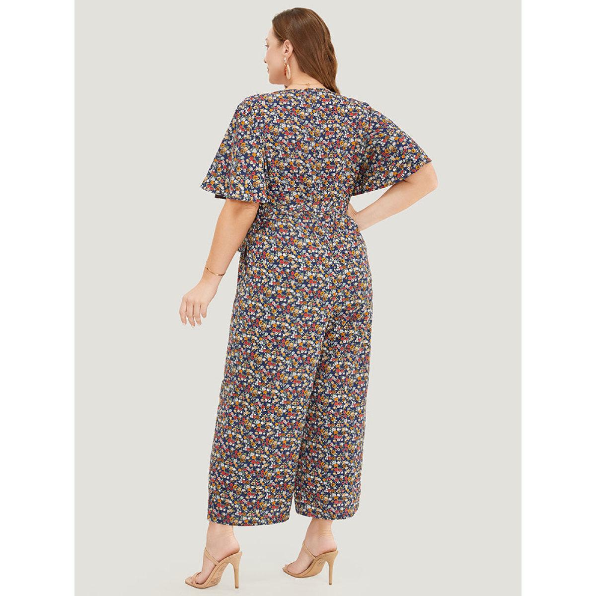 Plus Size DarkBlue Ditsy Floral Flutter Sleeve Pocket Belted Wrap Jumpsuit Women Elegant Short sleeve V-neck Dailywear Loose Jumpsuits BloomChic 30/6X Product Image
