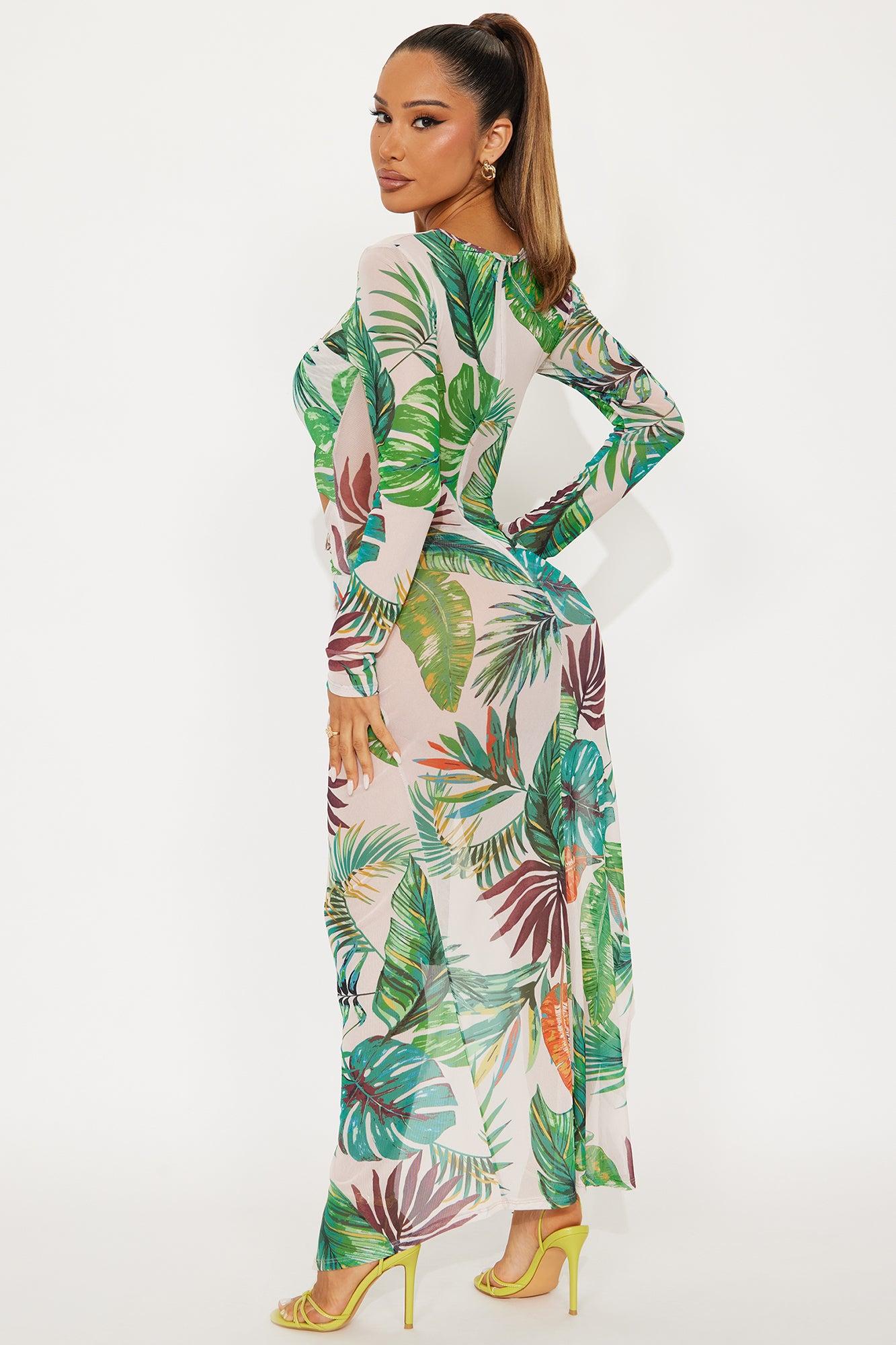 Breezy Tropical Cut Out Mesh Maxi Dress - Green/combo Female Product Image