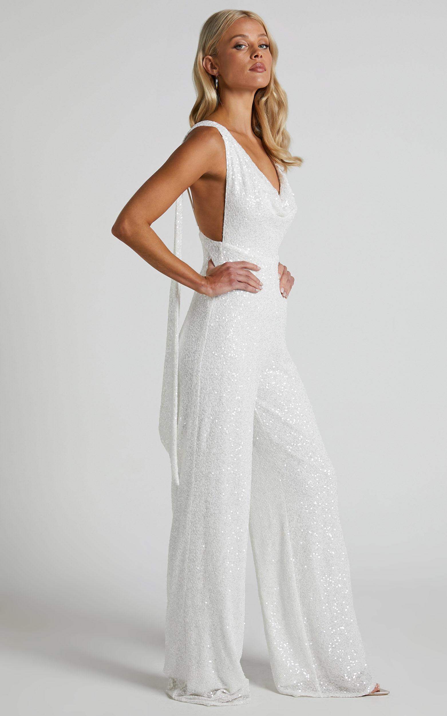 Malisha Jumpsuit - Cowl Neck Backless Jumpsuit in White Sequin Product Image