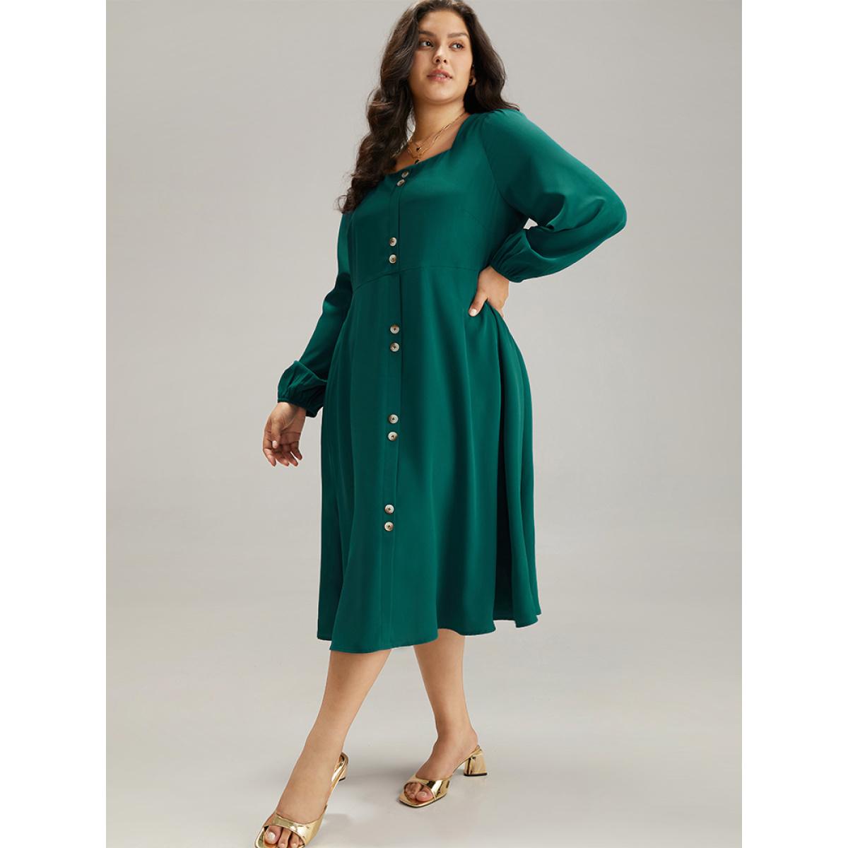 Plus Size Twill Square Neck Button Detail Lantern Sleeve Dress Teal Women Office Elastic cuffs Square Neck Long Sleeve Curvy Midi Dress BloomChic 14-16/1X Product Image