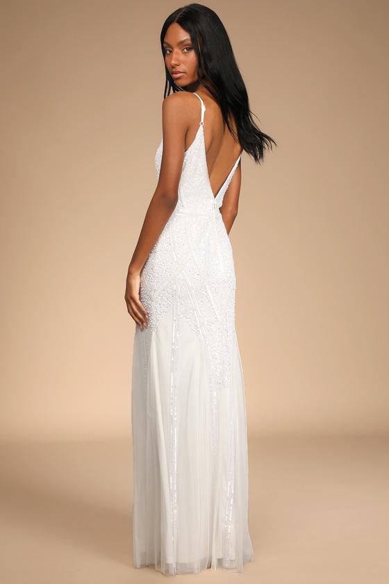 Just the Beginning White Beaded Sequin Mermaid Maxi Dress Product Image