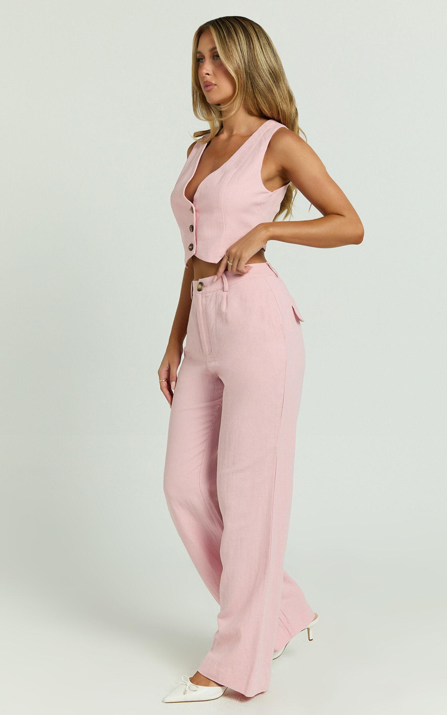 Bree Pants - Linen Mid Rise Relaxed Straight Leg Tailored Trousers in Light Pink Product Image