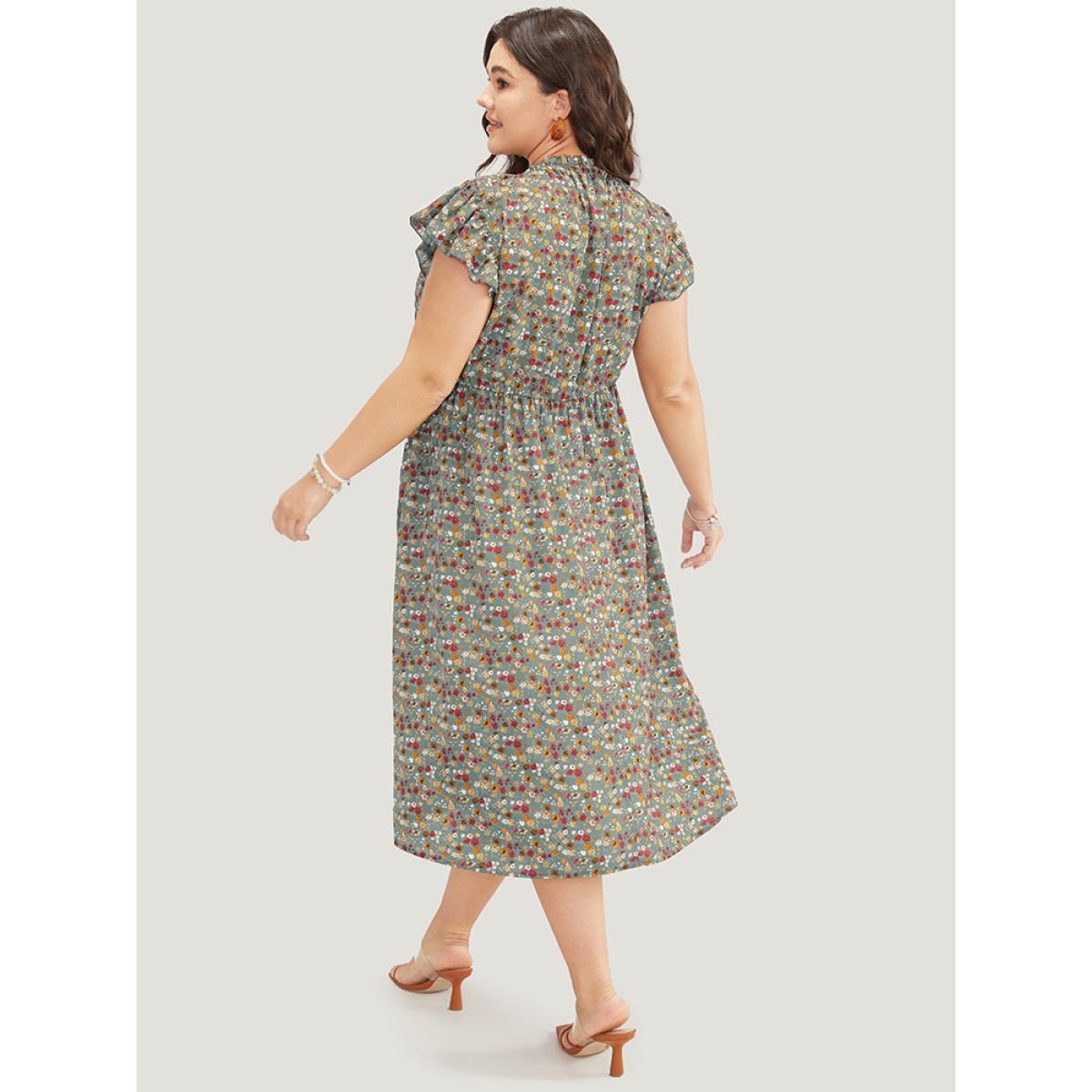 Plus Size Ditsy Floral Ruffle Sleeve Pocket Frill Trim Mock Neck Dress LightBlue Women Elegant Pocket Mock Neck Half Sleeve Curvy Midi Dress BloomChic 30/6X Product Image