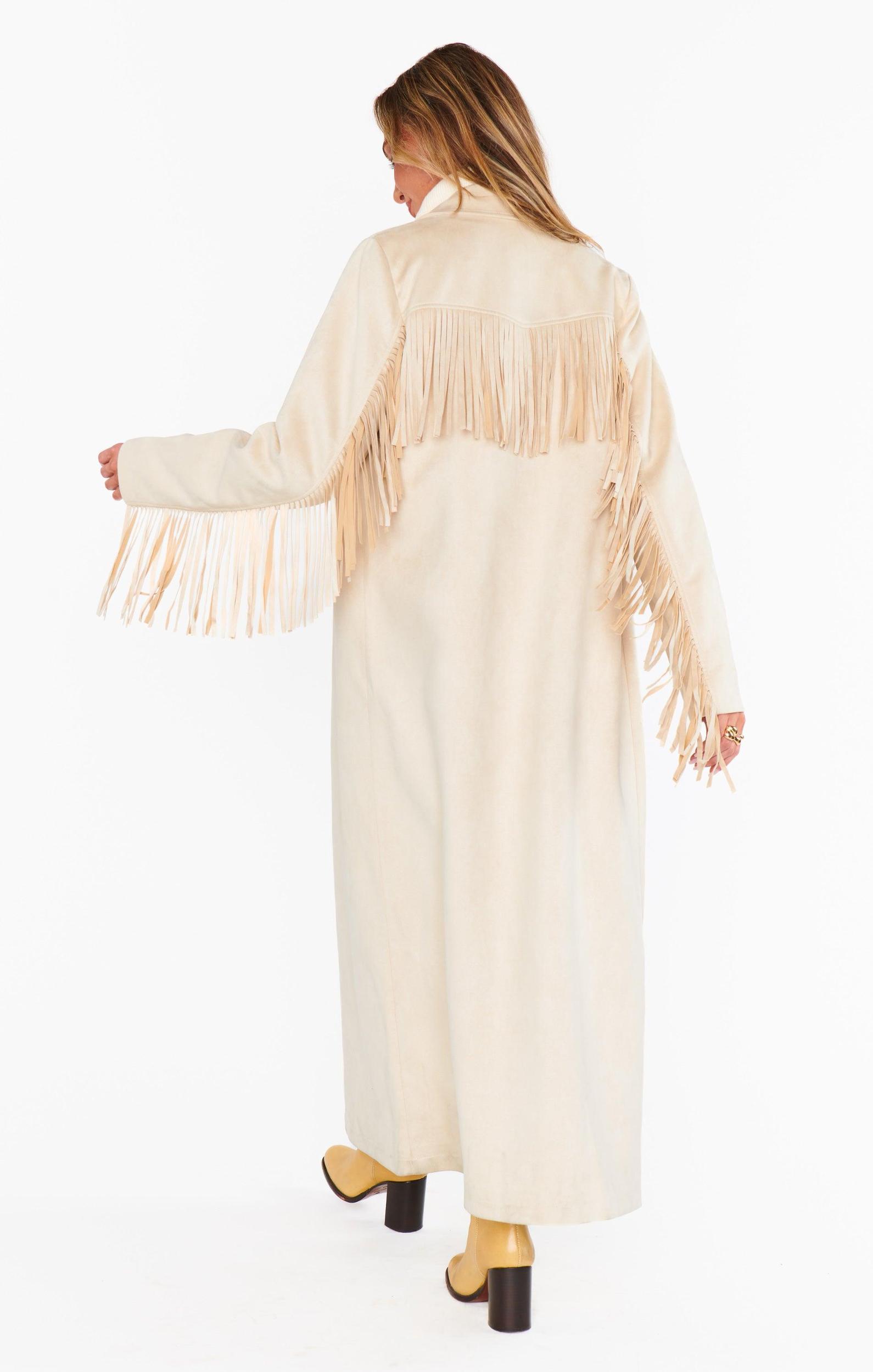 Sierra Fringe Maxi Jacket ~ Cream Faux Suede Product Image