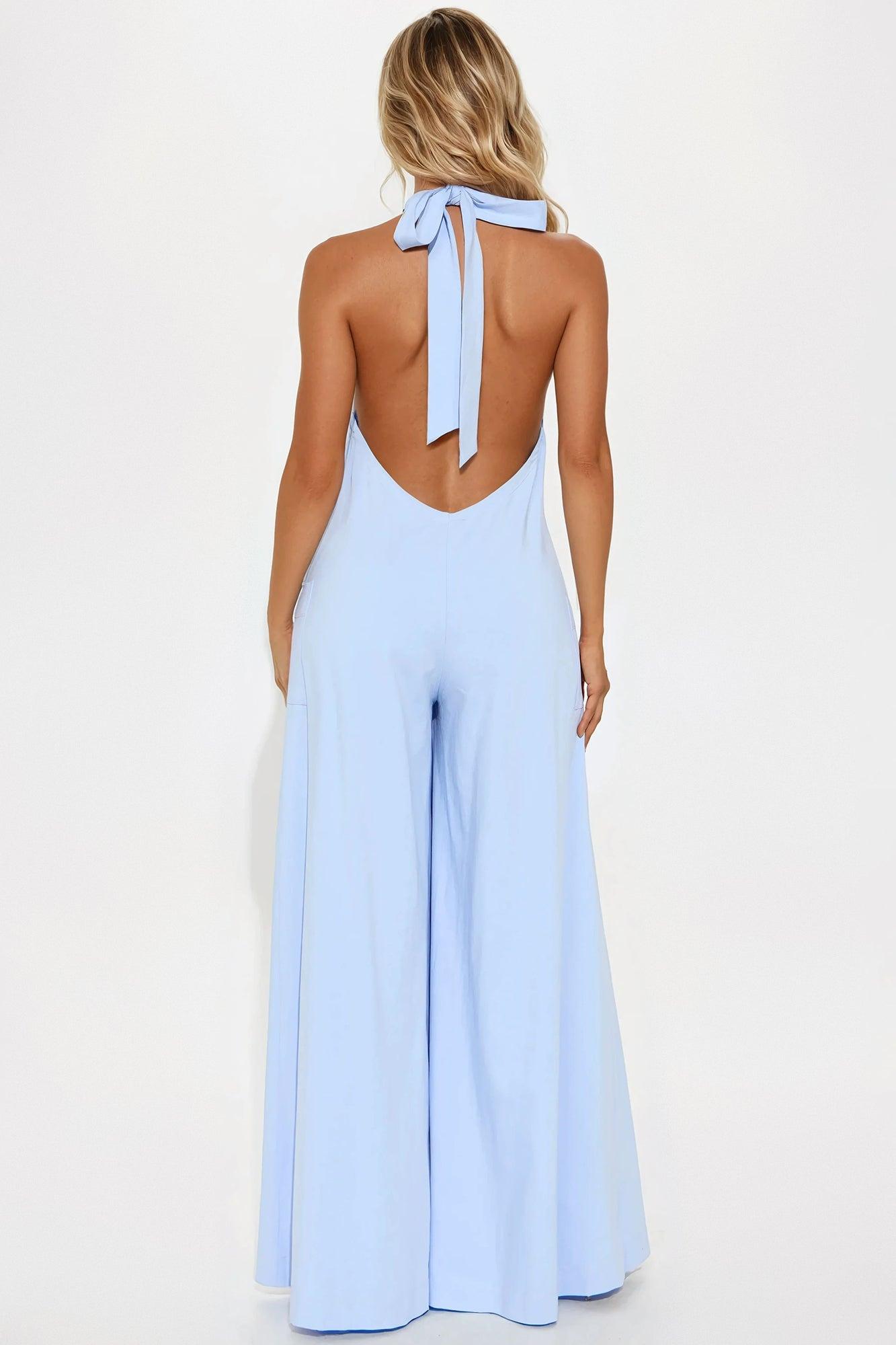 Linnet Tie Halter Wide Leg Jumpsuit - Light Blue Female Product Image