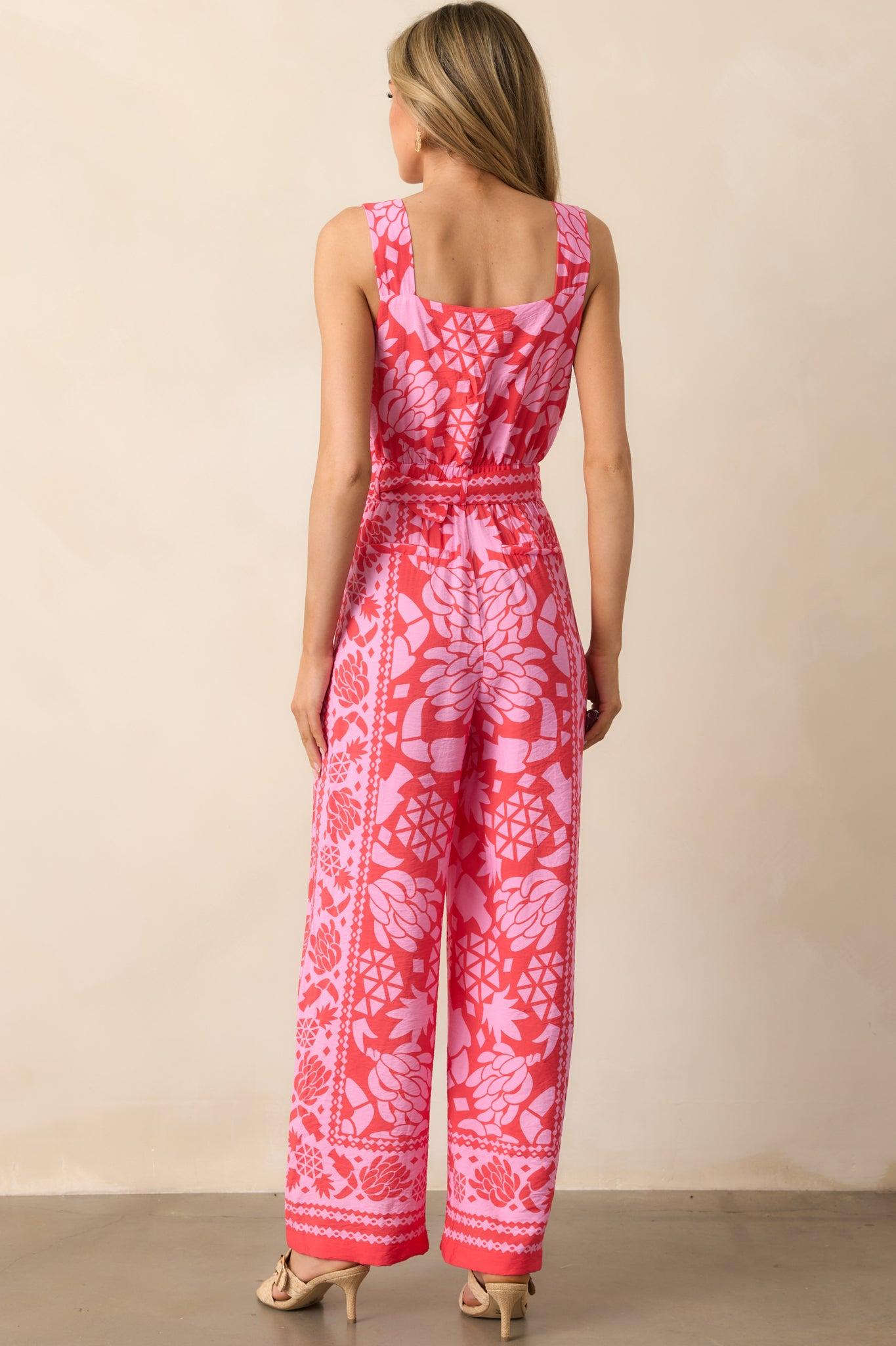 Take The Leap Coral Pink Floral Button Front Belted Jumpsuit Product Image