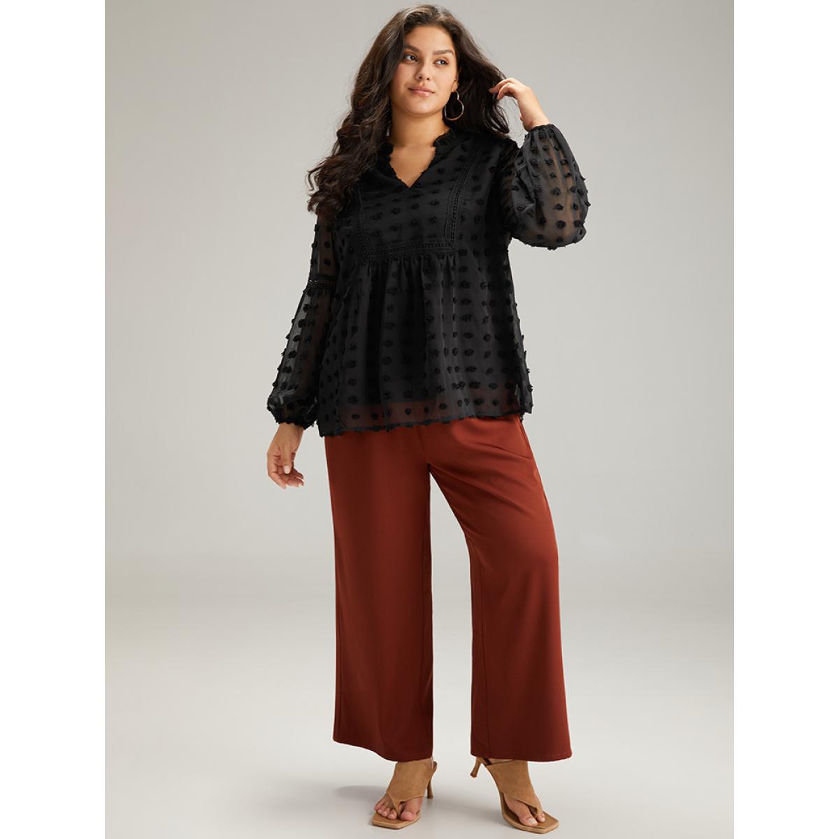 Plus Size Black Polka Dot Frill Trim Mesh Blouse Women Elegant Long Sleeve Notched collar Dailywear Blouses BloomChic 14-16/1X Product Image