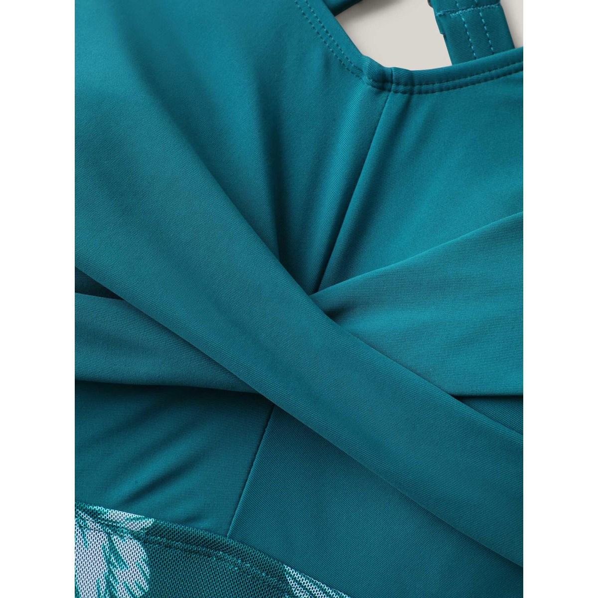 Plus Size Twist Front Mesh Tropical Print Swim Dress Women's Swimwear Cyan Beach Bodycon V-neck High stretch Curve Swim Dresses BloomChic 10/M Product Image