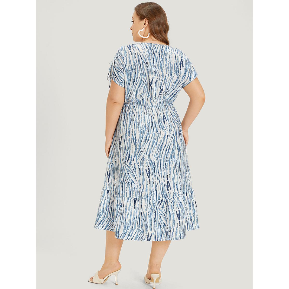 Plus Size Geometric Print Drawstring Pocket Dolman Hem Dress Blue Women Elegant Drawstring V-neck Short sleeve Curvy Midi Dress BloomChic 10/M Product Image