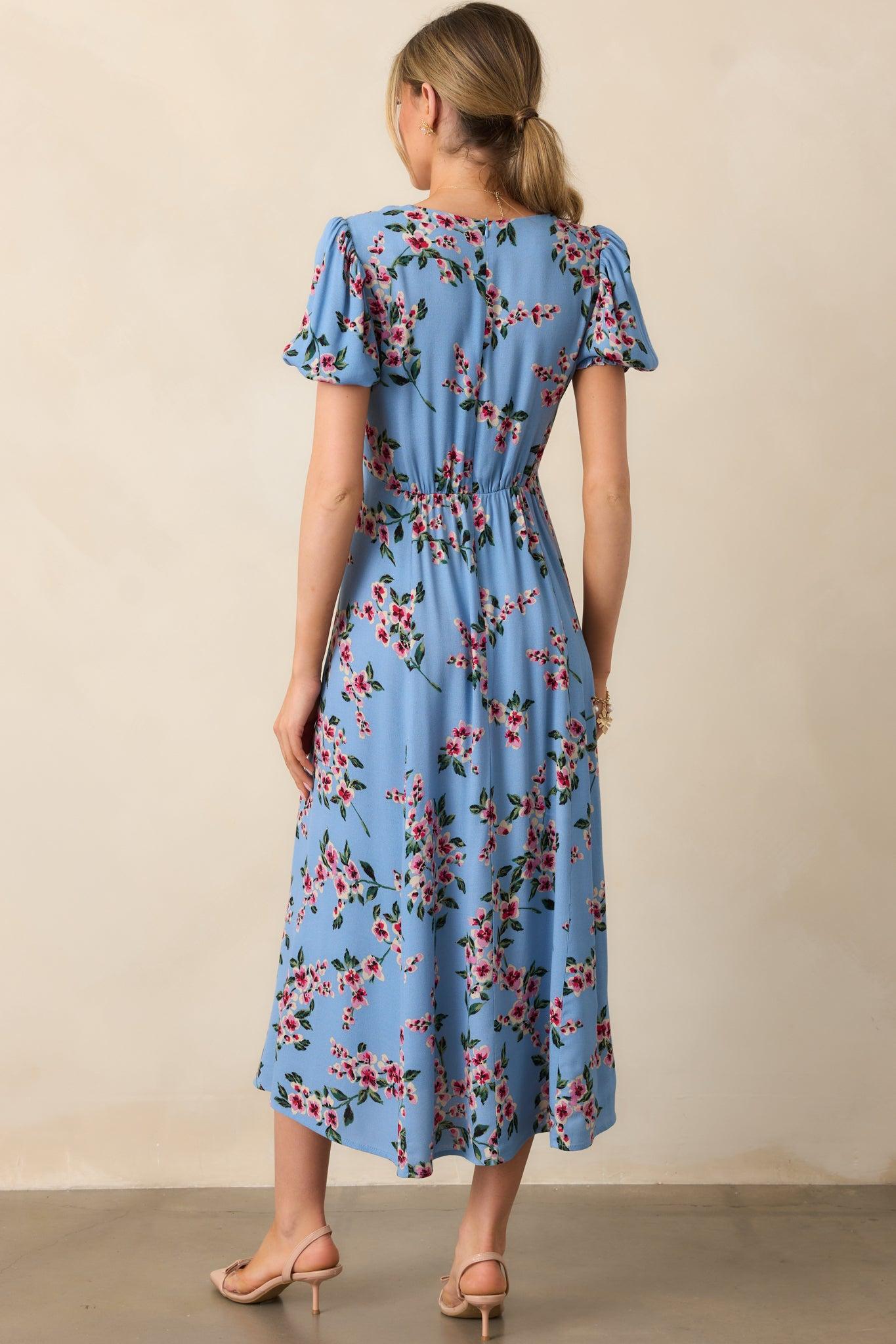 All Eyes On You Ash Blue Floral Puff Sleeve Midi Dress Product Image
