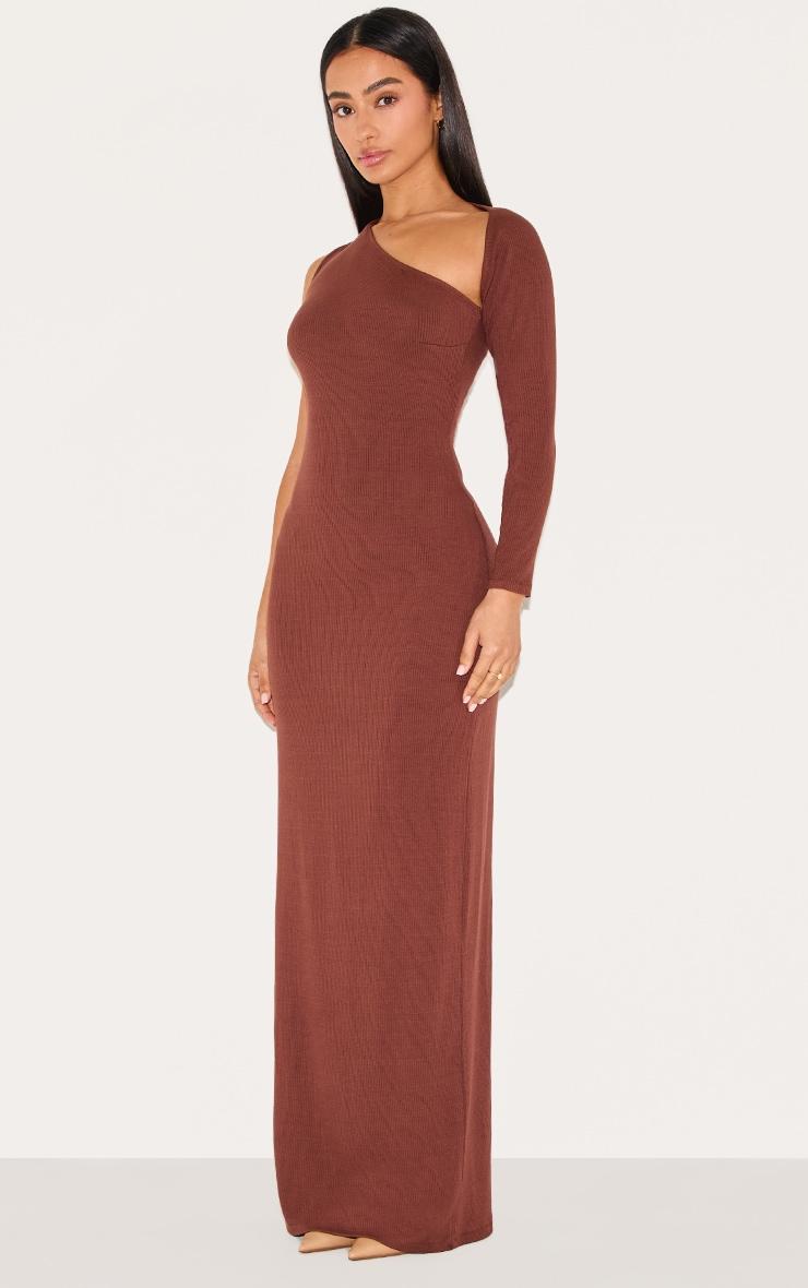 Petite Chocolate Ribbed One Sleeve Maxi Dress Product Image