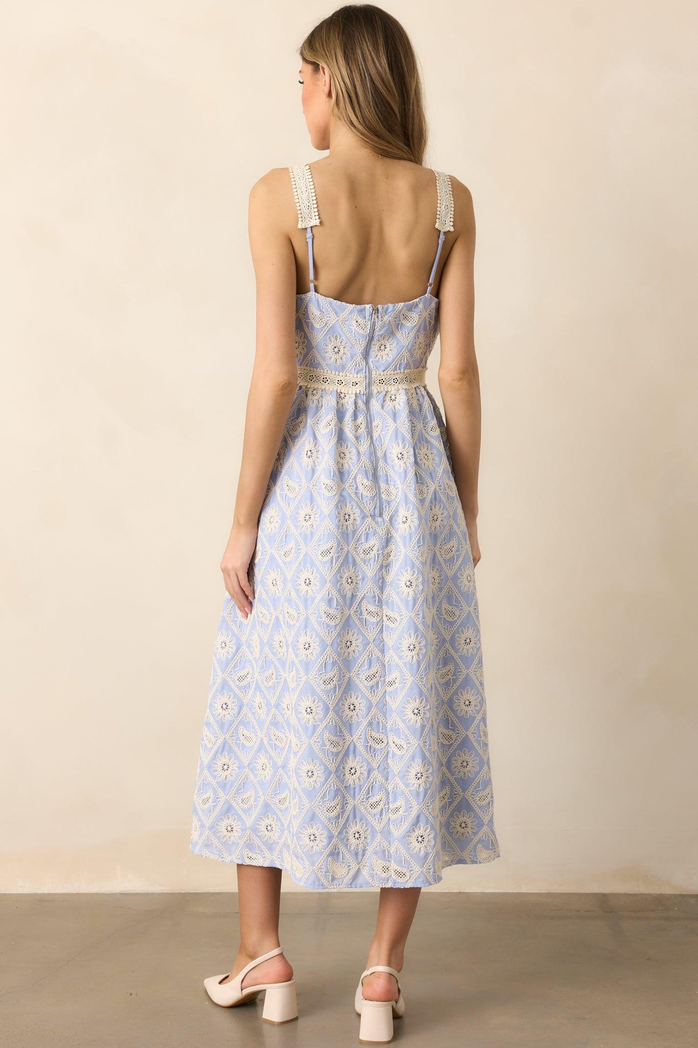 A Touch Of Grace Periwinkle Embroidered Cutout Midi Dress Product Image