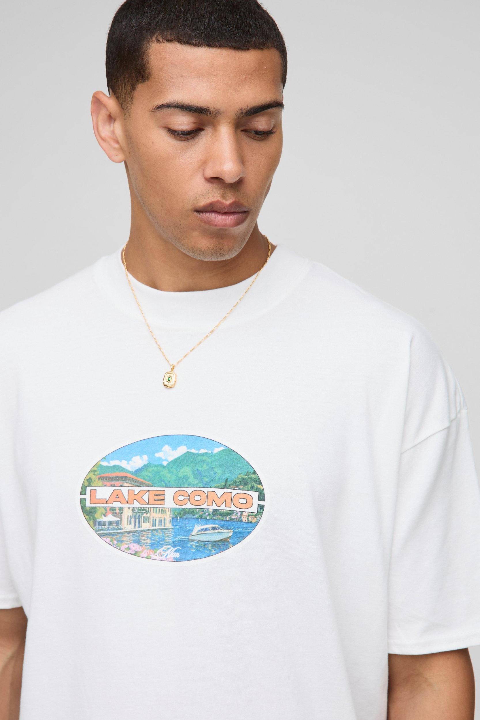 White Oversized Extended Neck MAN Lake Como Printed T-Shirt | boohooMAN USA Product Image