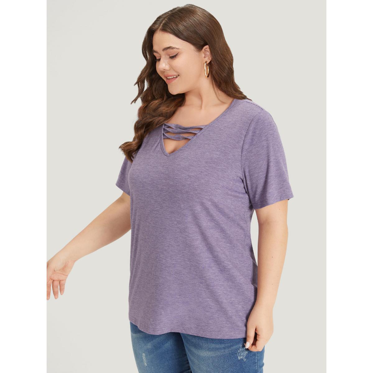 Plus Size Plain Heather V Neck Cut Out Twist T-shirt Mauve Women Casual Plain Plain V-neck Dailywear T-shirts BloomChic 28/5X Product Image