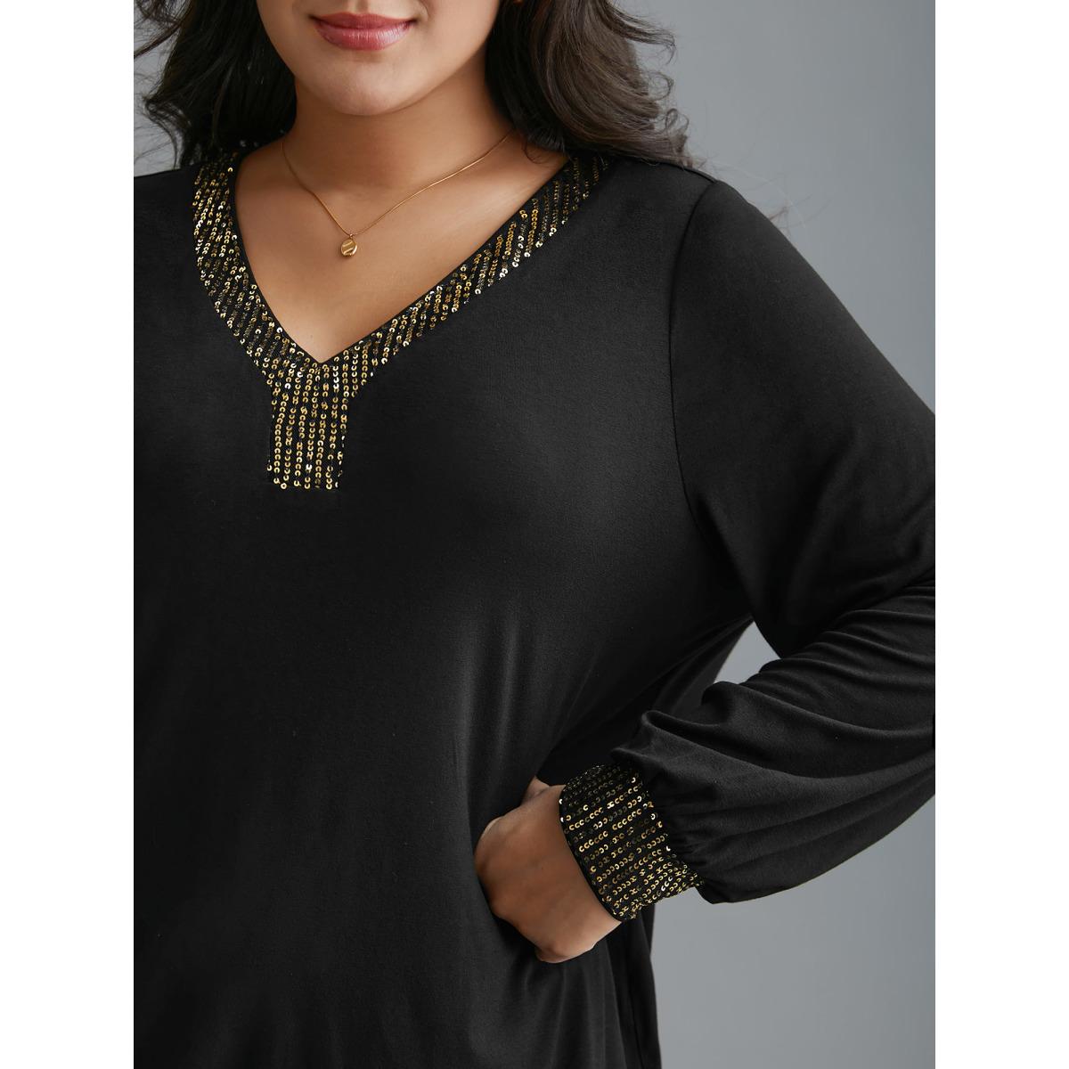 Plus Size Supersoft Essentials Sequin V-Neck T-shirt Black Women Elegant Patchwork V-neck Everyday T-shirts BloomChic 14-16/1X Product Image