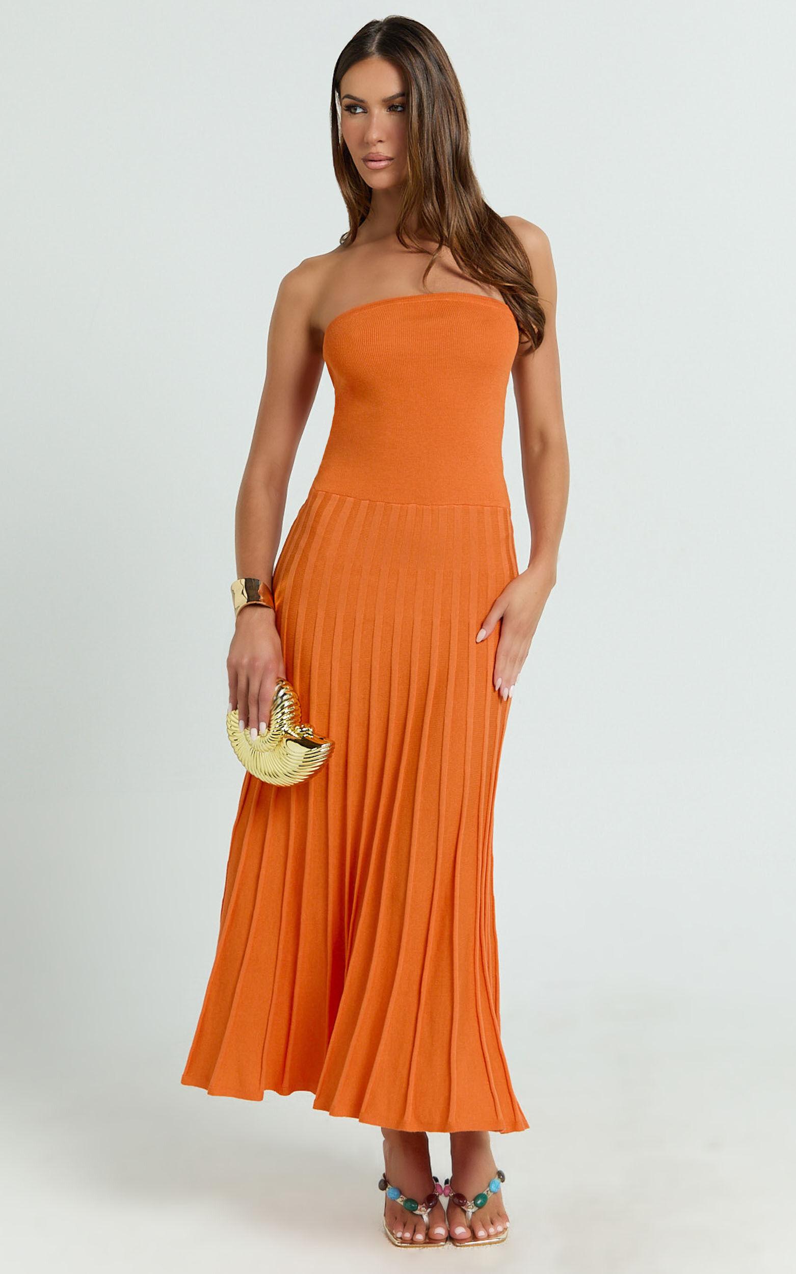 Paris Midi Dress - Strapless Drop Waist Pleated Knit Dress in Orange Product Image