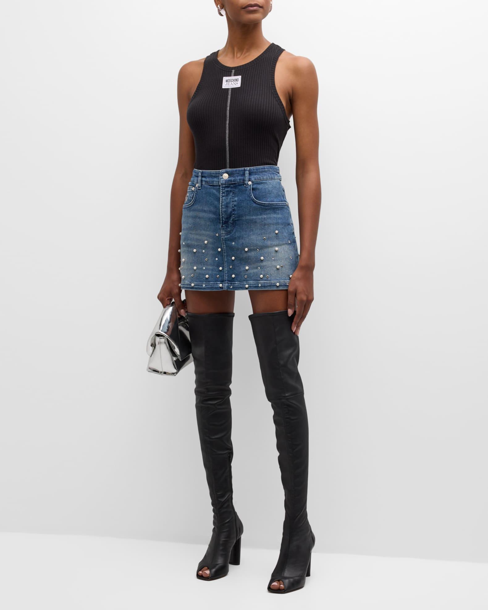 Pearl-Embellished Denim Mini Skirt Product Image