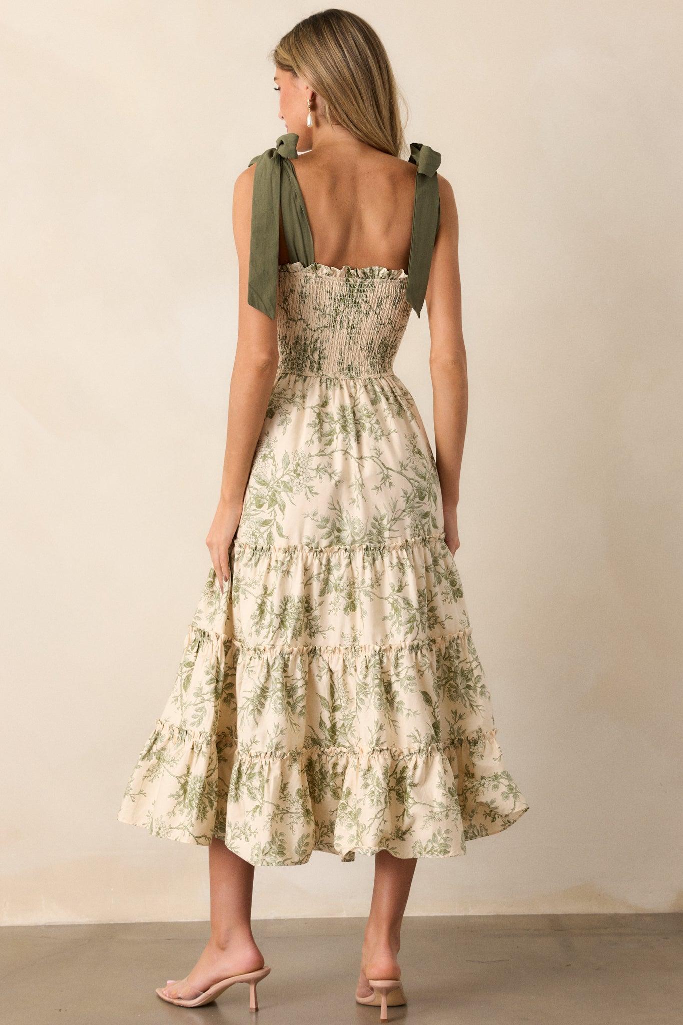 Wildflower Whisper 100% Cotton Ivory Green Floral Midi Dress Product Image