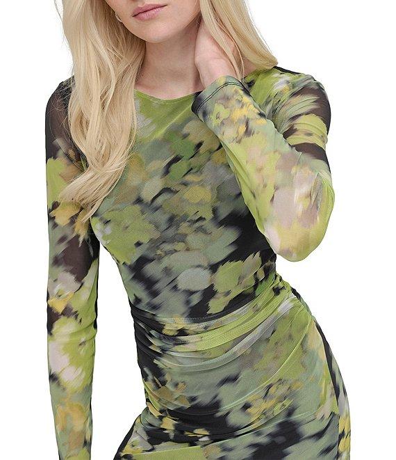 DKNY by Donna Karan Mesh Floral Print Crew Neck Long Sleeve Ruched Sheath Mini Dress Product Image