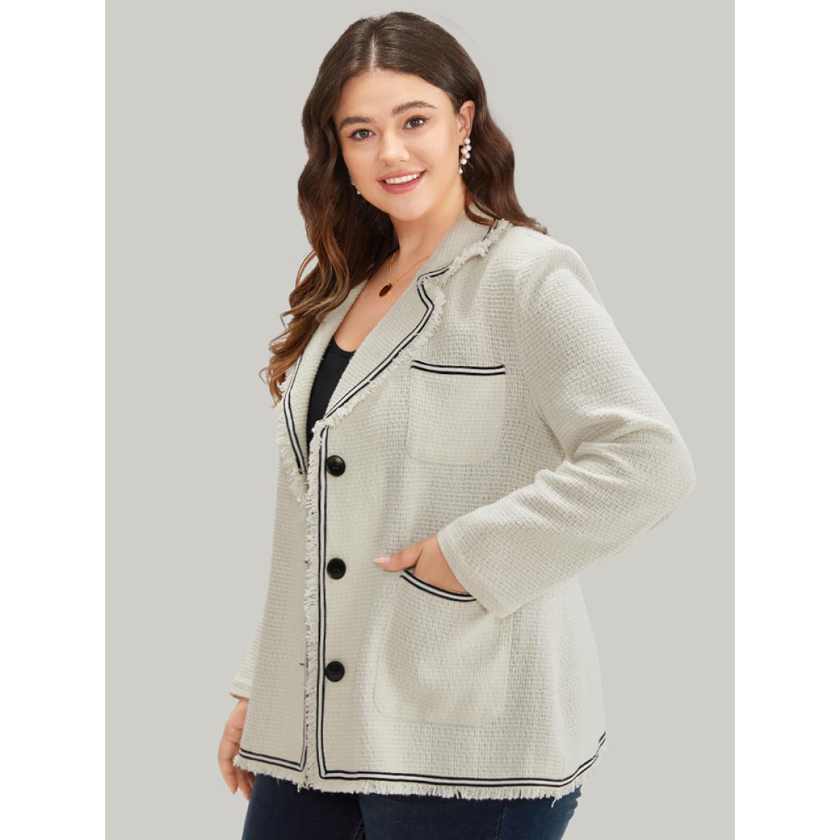 Plus Size Lapel Collar Tweed Contrast Fuzzy Trim Blazer White Women Office Plain Texture Sleeve Long Sleeve Lapel Collar 18-20/2X Pocket Office Blazers BloomChic Product Image