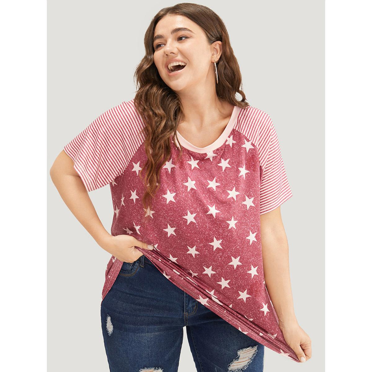Plus Size Star Patchwork Striped Raglan Sleeve T-shirt Russet Women Casual Moon and Star Round Neck Dailywear T-shirts BloomChic 26/4X Product Image