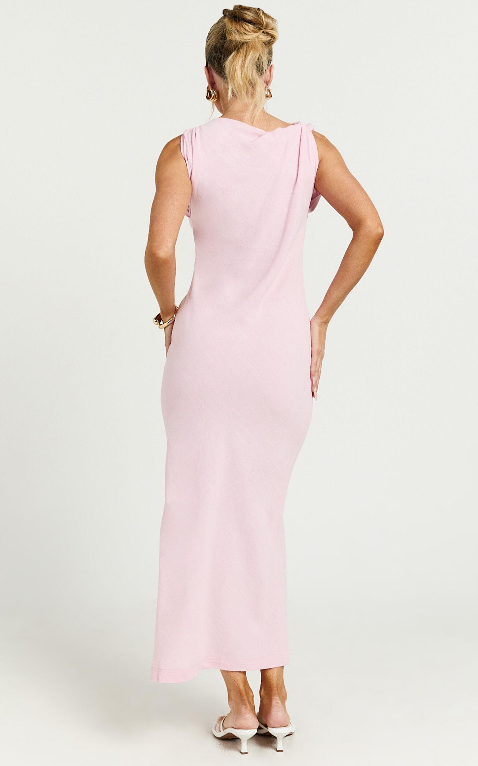 Jessenia Midi Dress - Linen High Neck Dress in Soft Pink Product Image