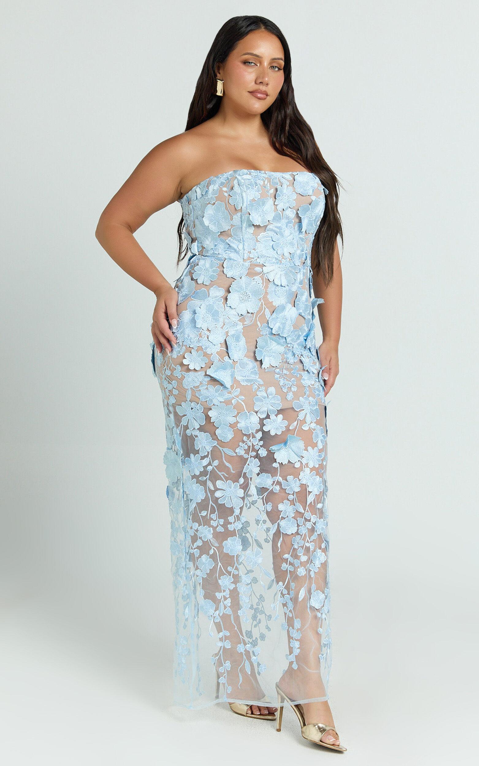 Sienna Maxi Dress - 3D Floral Strapless Column Dress in Blue Product Image