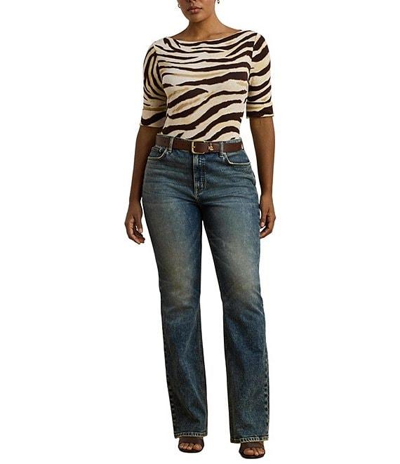 Lauren Ralph Lauren Plus Size Stretch Cotton Zebra Boat Neck Elbow Sleeve Tee Product Image
