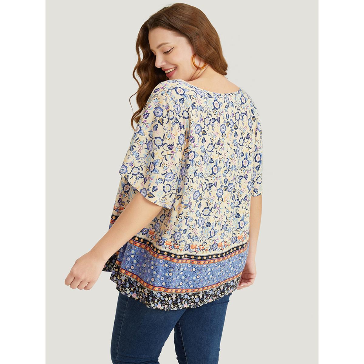 Plus Size Multicolor Bandana Printed Ties Front Ruffle Sleeve Blouse Women Vacation Short sleeve Tie Neck Dailywear Blouses BloomChic 10/M Product Image