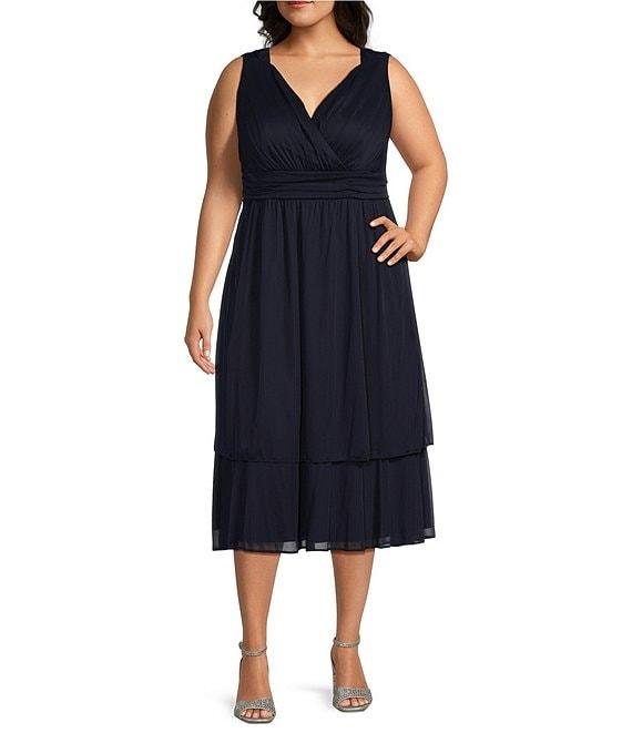 Ignite Evenings Plus Size V Neck 3/4 Sleeve Matte Jersey 2 Piece Jacket Dress Product Image