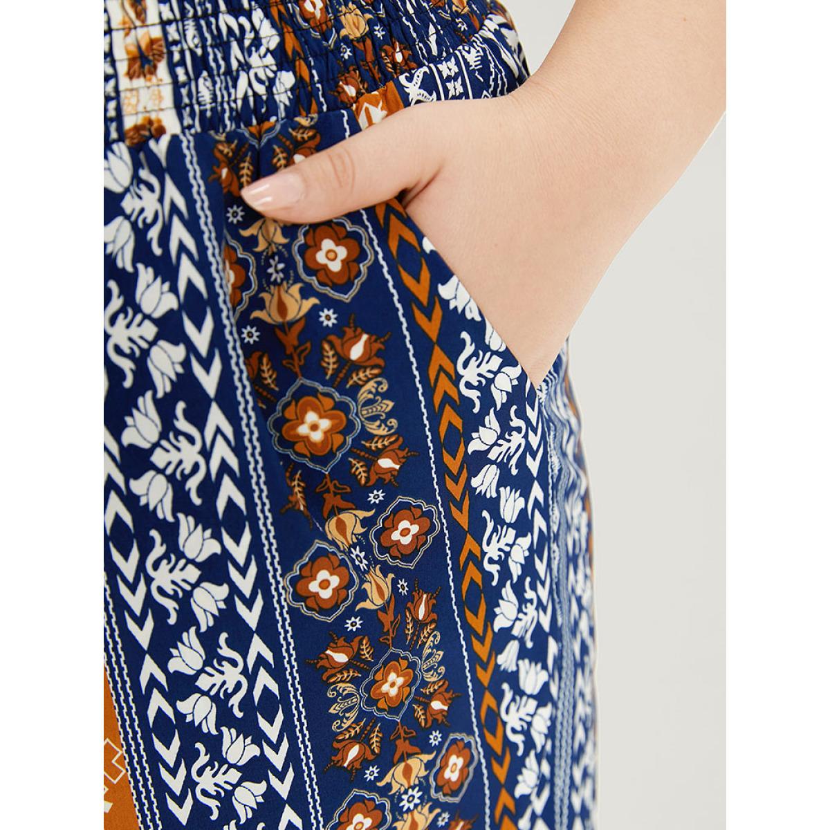Plus Size Boho Print Shirred Pocket Elastic Waist Pants Women Indigo Resort Wide Leg High Rise Vacation Pants BloomChic 10/M Product Image
