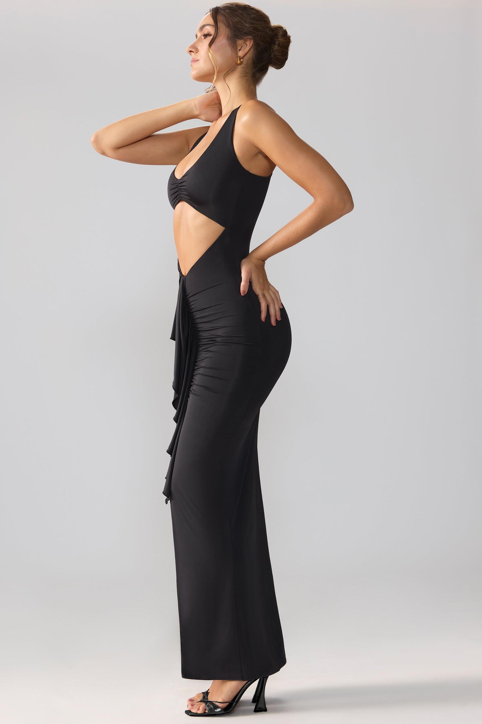Slinky Jersey Cut Out Ruffle Racerback Maxi Dress in Black Product Image