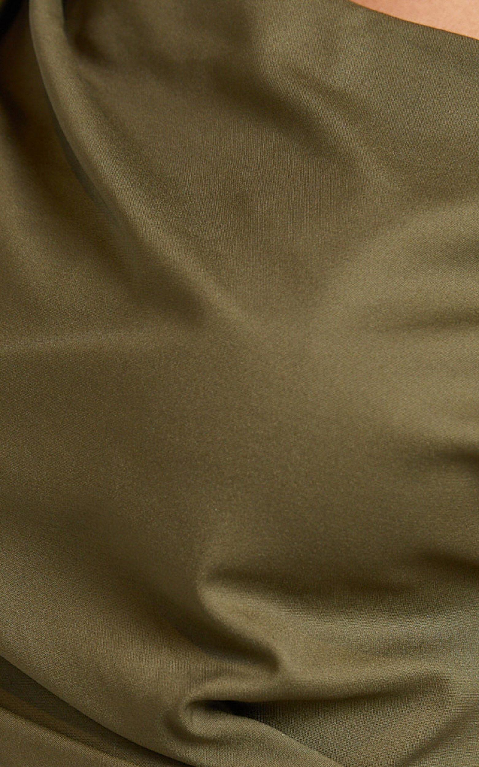 Alexandria Midi Dress - Tip Shoulder Draped Fitted Dress in Olive Product Image