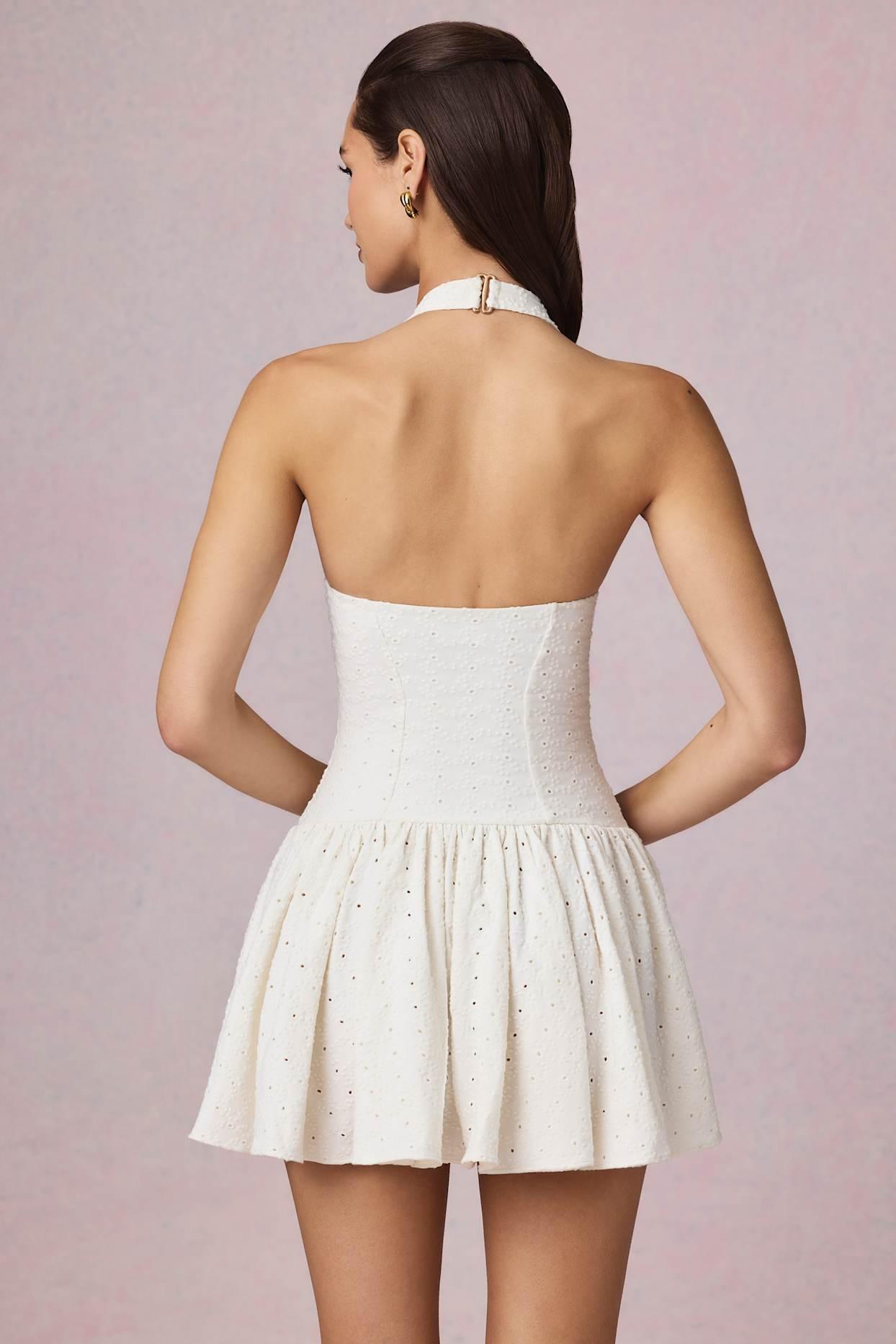 Broderie Anglaise Halterneck Mini Dress in White Product Image