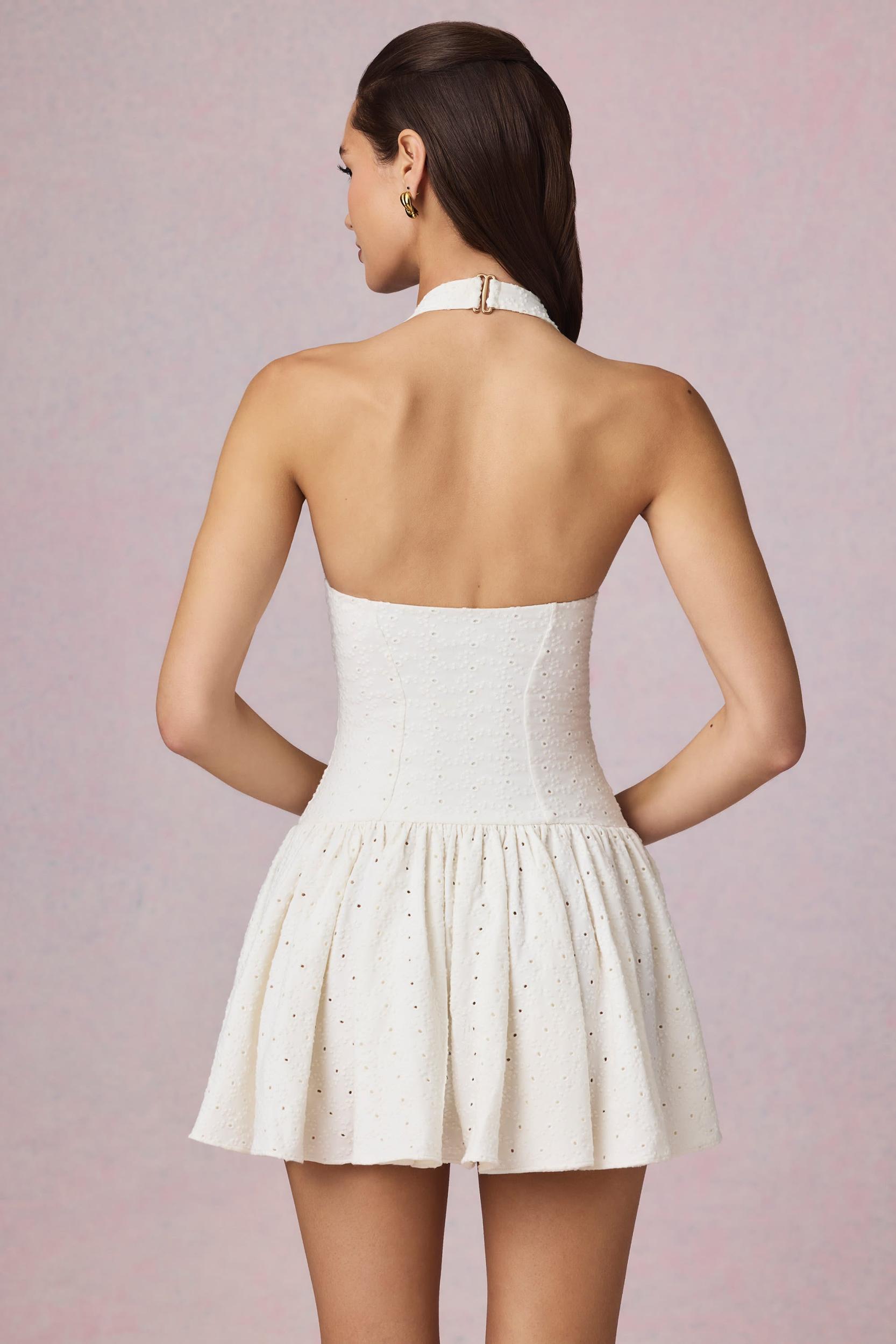 Broderie Anglaise Halterneck Mini Dress in White Product Image
