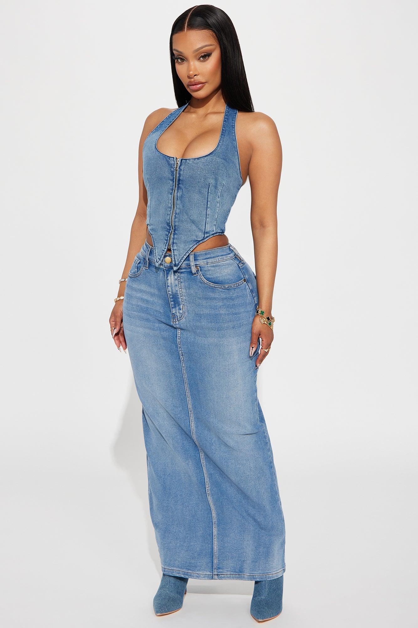 Dominique Denim Halter Top - Medium Wash Product Image