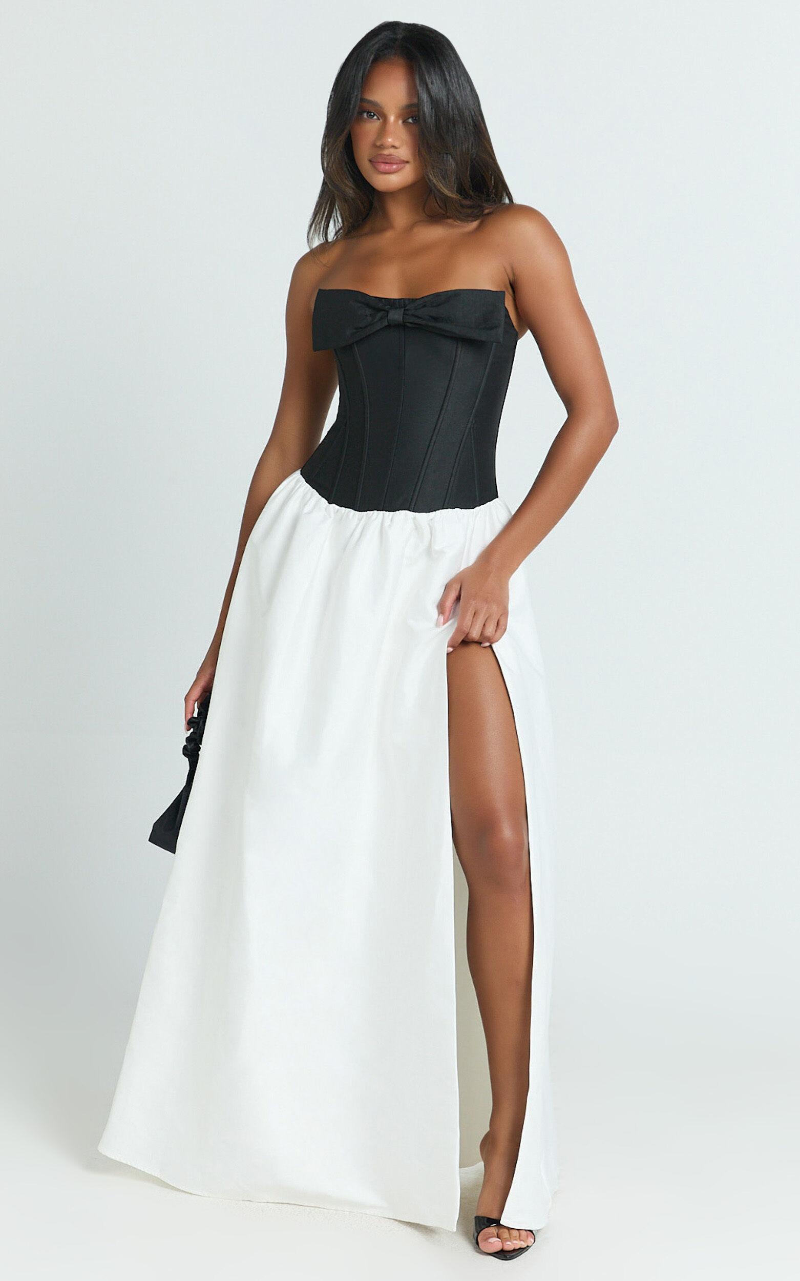 Santana Mini Dress - Strapless Fit And Flare Bubble Hem Dress in Black/White Product Image