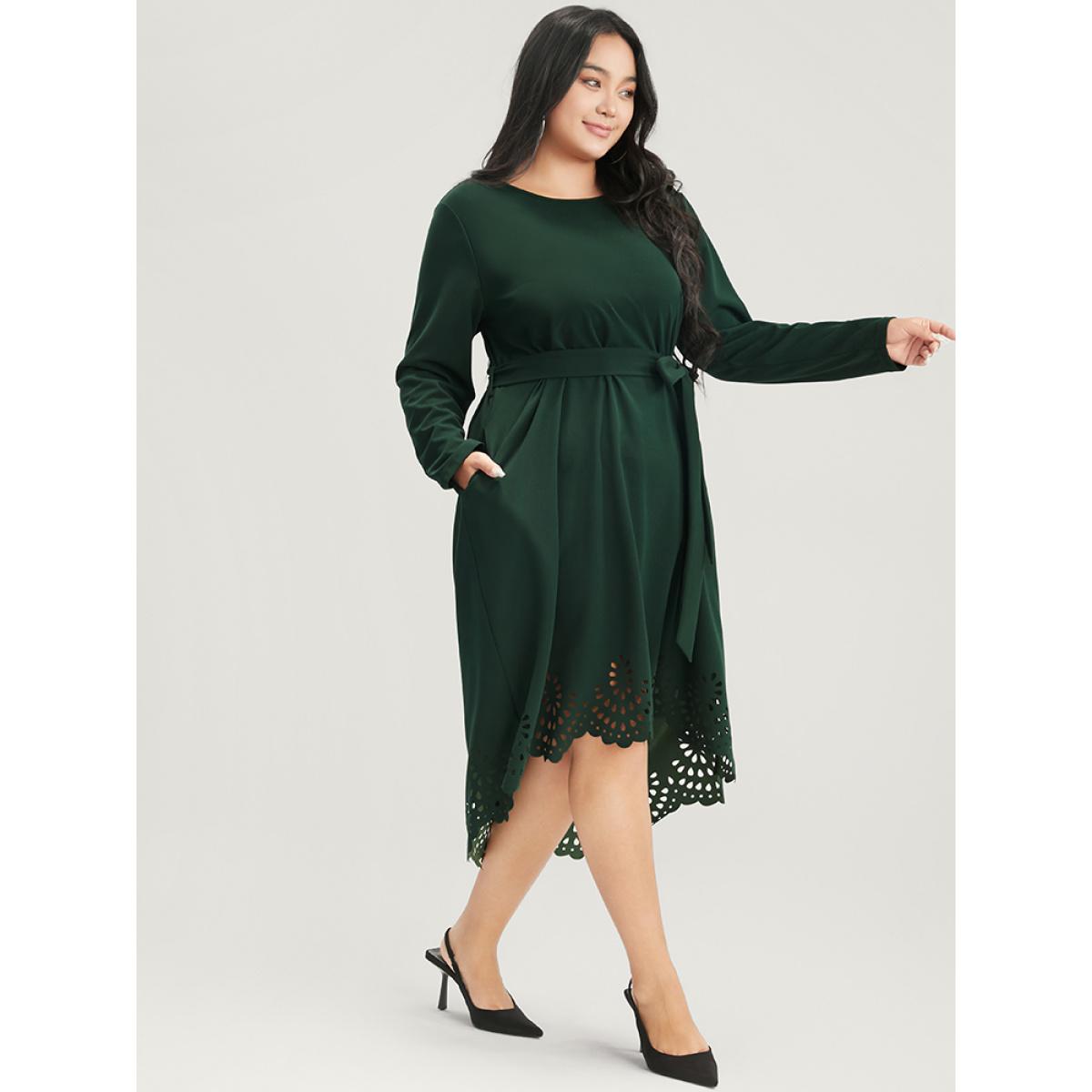 Plus Size Solid Pocket Laser Cut Asymmetrical Hem Belted Dress DarkGreen Women Casual Belted Round Neck Long Sleeve Curvy Midi Dress BloomChic 18-20/2X Product Image