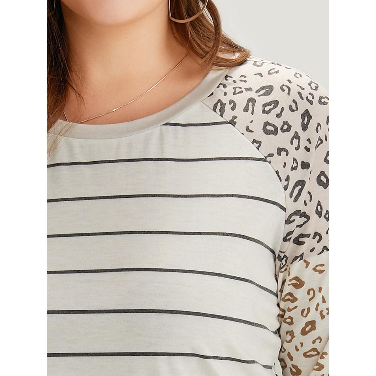 Plus Size Leopard Striped Patchwork Raglan Sleeve T-shirt Multicolor Women Casual Patchwork Leopard Round Neck Dailywear T-shirts BloomChic 26/4X Product Image