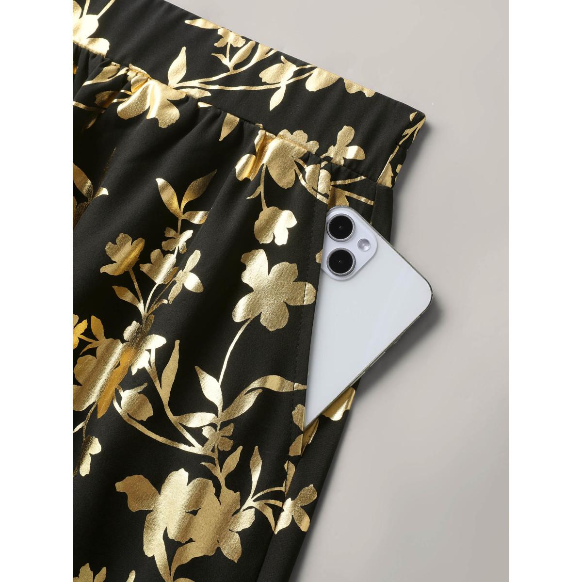 Plus Size Shimmery Floral Hot Stamping Midi Skirt Women Black Contrast Bodycon Low stretch Slanted pocket Party Skirts BloomChic 14-16/1X Product Image