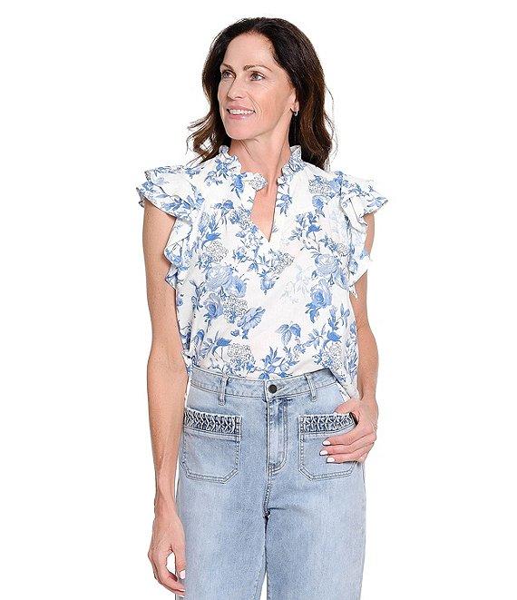 Tru Luxe Jeans Floral Linen Blend Ruffle Split V-Neck Flutter Sleeve Blouse Product Image