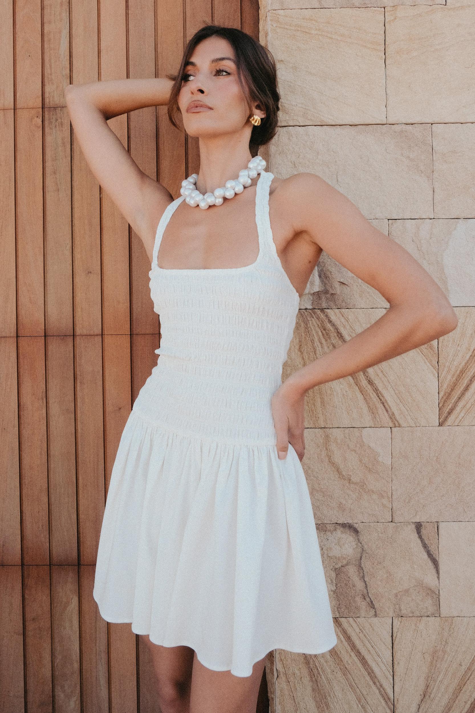 Shelley Cotton Shirred Halter Mini Dress - White Product Image