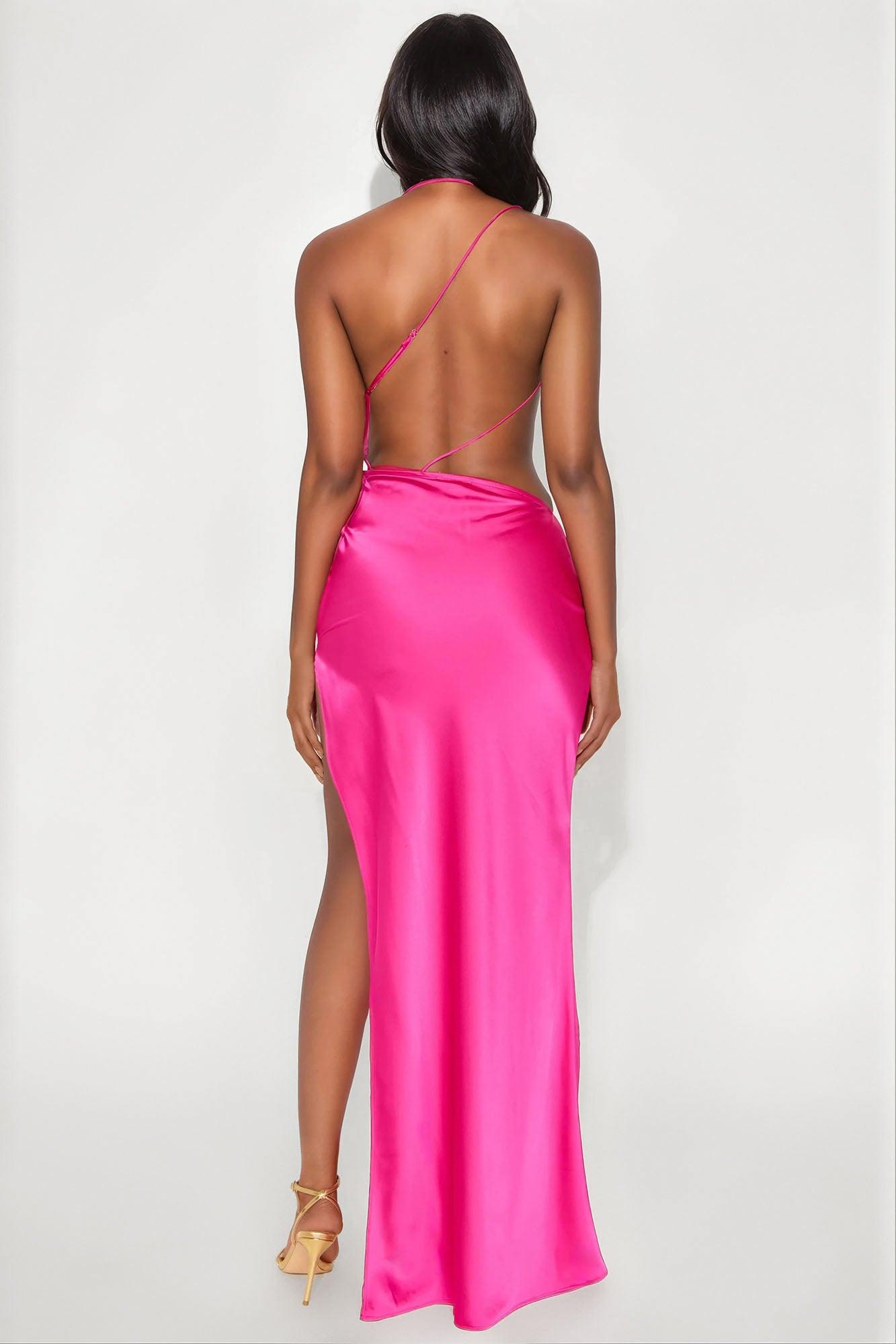 Sunset Satin Backless Maxi Dress - Fuchsia Female Product Image