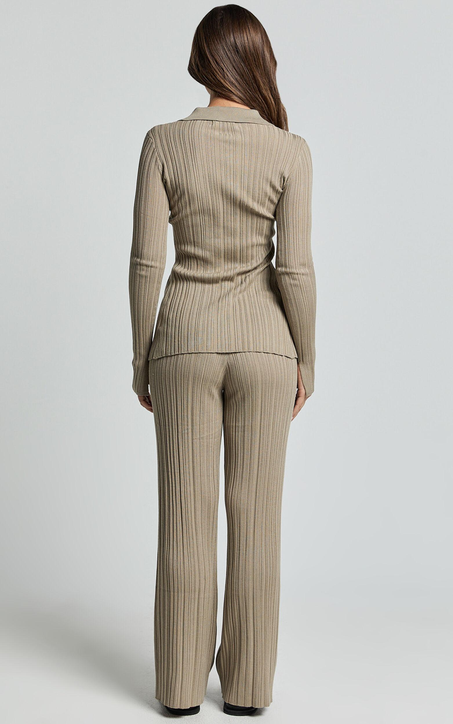 Kelsey Top - Button Through Long Sleeve Knitted Top in Taupe Product Image